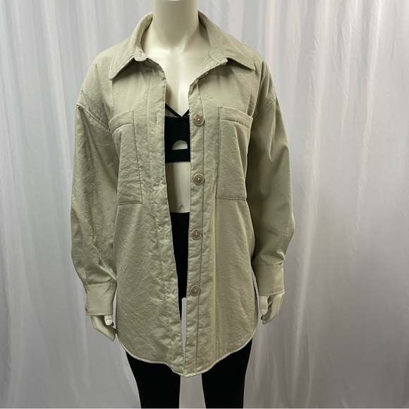 H&M Oversized Shirt Jacket, Padded Shacket, Green/Beige Size Small - Picture 1 of 11